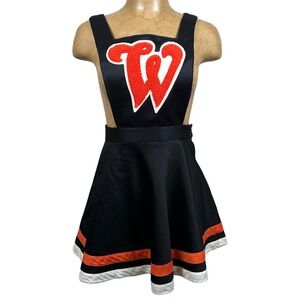 Vintage Cheerleader Pinafore Dress Black Orange White Chenille Letter W Costume